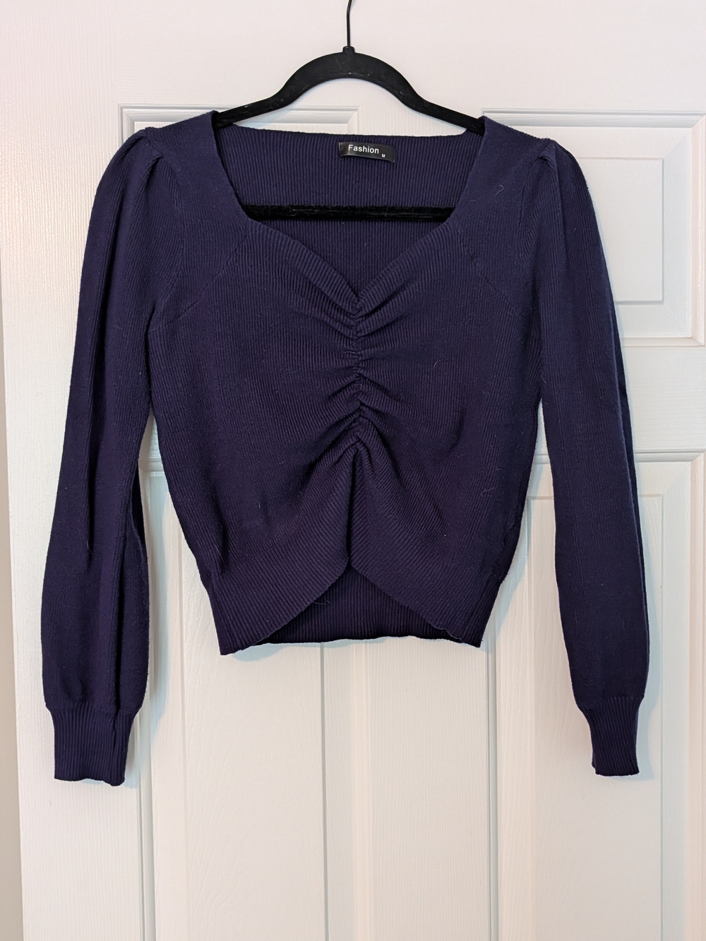 Ruched V-Neck Cropped Long Sleeve Top - Navy
